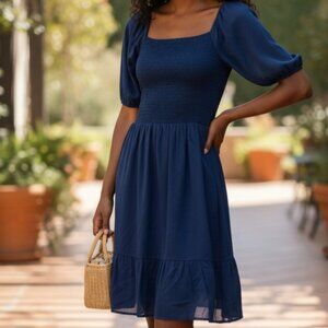 Blue Smocked Dress Tie Back Ruffle Sheer Sleeve Size Medium